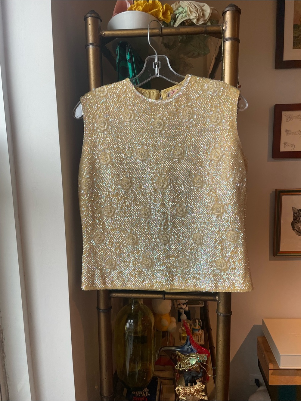 Vintage Sequin Beaded Shell Tank Top in Champagne Gold 1960s 1950s Glam